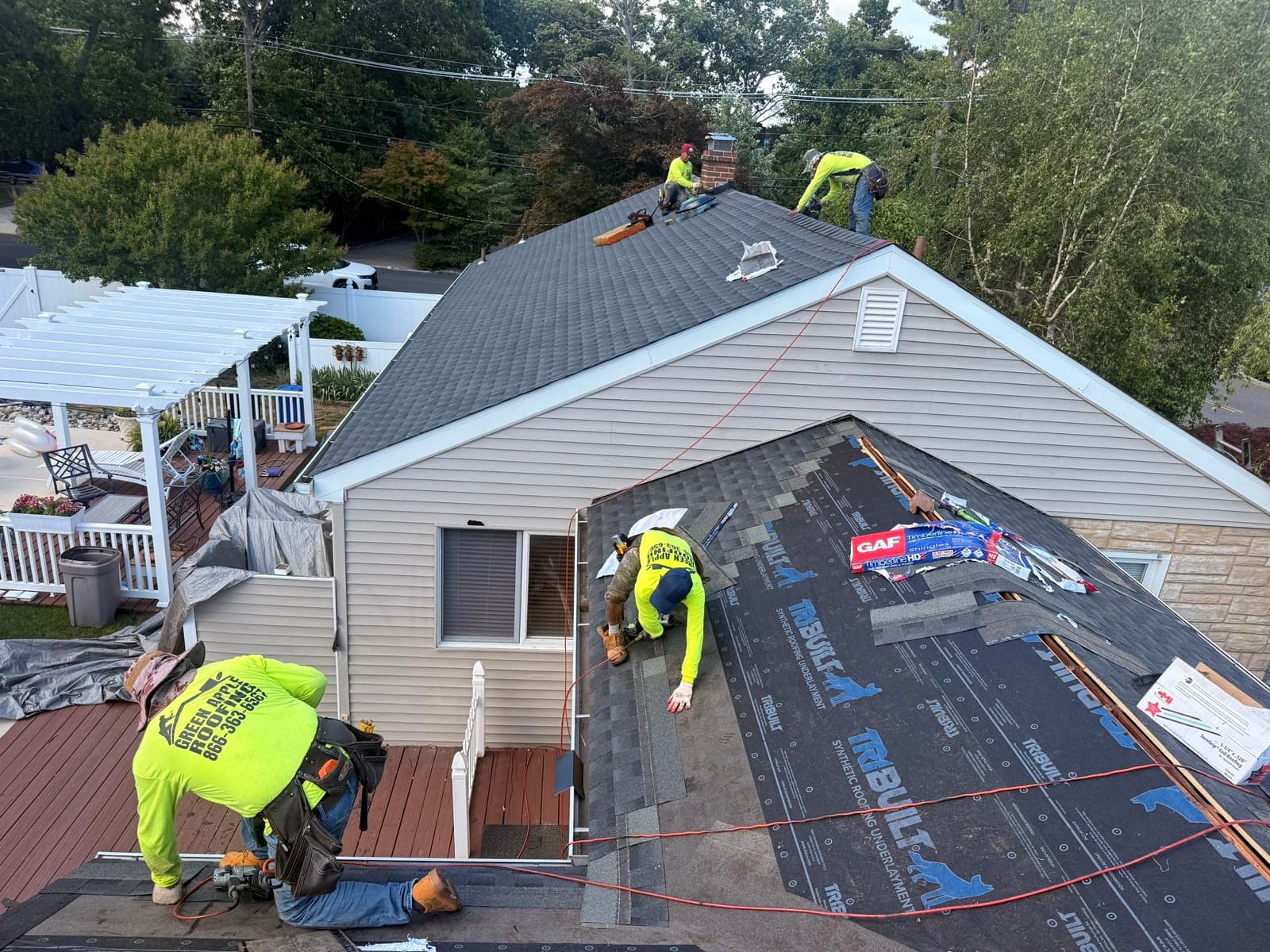 Aerial crew laying underlayment — Green Apple Roofing, New Jersey