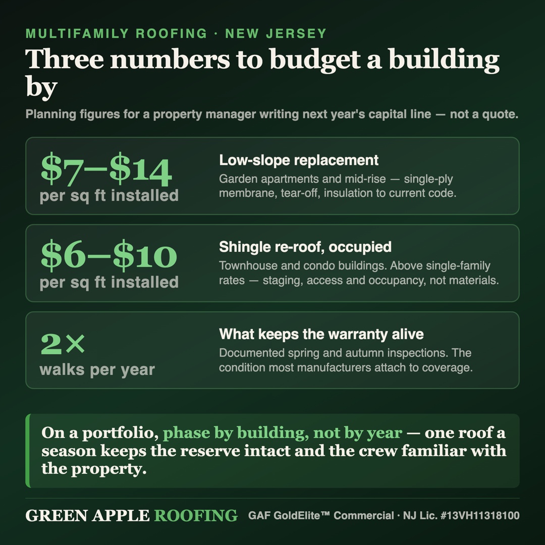 Card showing three multifamily roofing planning figures for New Jersey — $7 to $14 per square foot for low-slope replacement, $6 to $10 per square foot for occupied shingle re-roofs, and two inspection walks per year to keep warranties valid