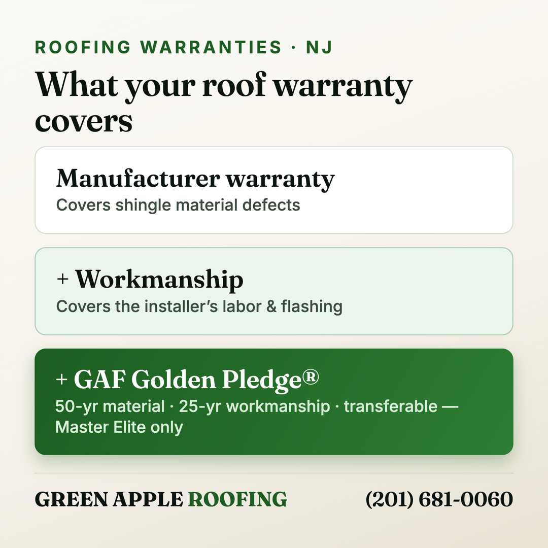 Three tiers of roof warranty — manufacturer warranty covers shingle material defects, workmanship warranty covers the installer's labor, and the GAF Golden Pledge (Master Elite only) covers both with 50-year material and 25-year workmanship coverage that is transferable