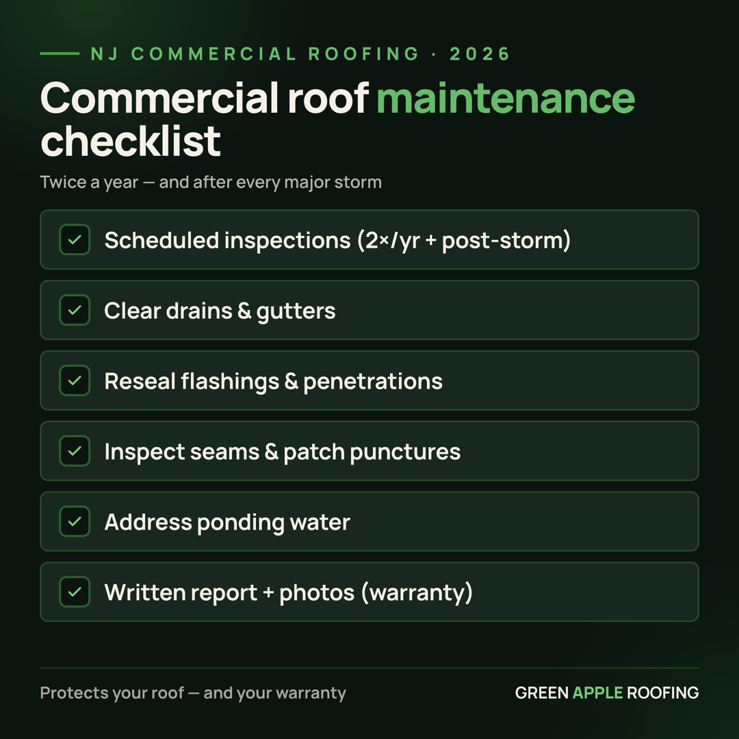 Infographic checklist of what a commercial roof maintenance program covers in New Jersey — inspections, drains, flashings, seams, ponding water, and documentation