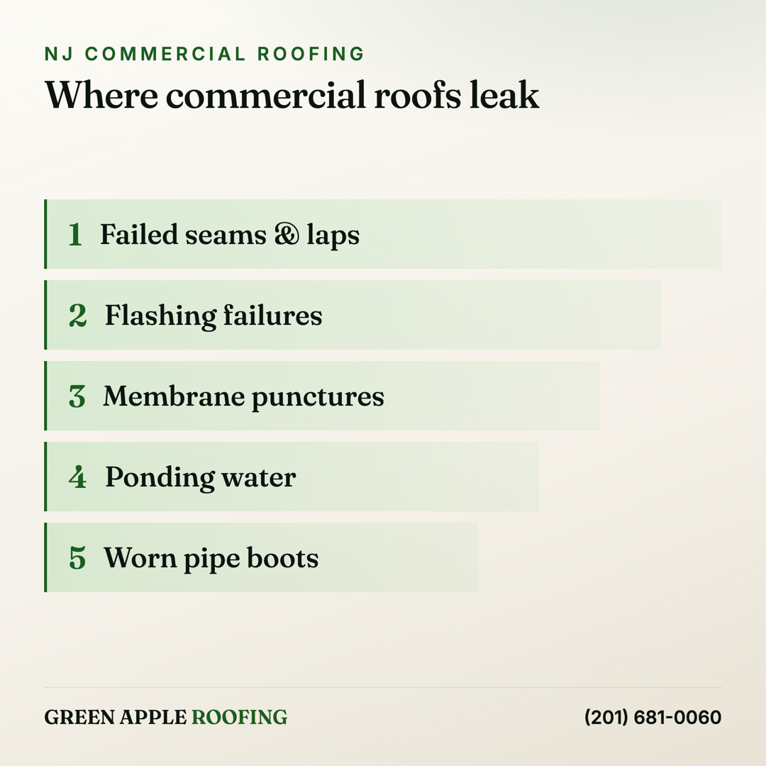 Infographic of the most common commercial flat-roof repairs in New Jersey — seams, flashing, punctures, ponding water, and pipe boots