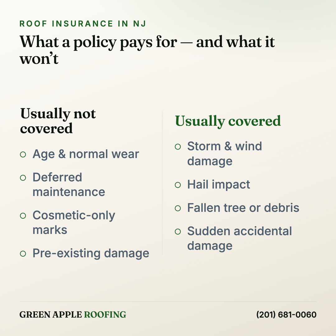 Infographic comparing what NJ homeowners insurance usually covers on a roof — storm and wind damage, hail, fallen trees, sudden accidental damage — versus what it usually won't cover: age and normal wear, deferred maintenance, cosmetic-only marks, and pre-existing damage