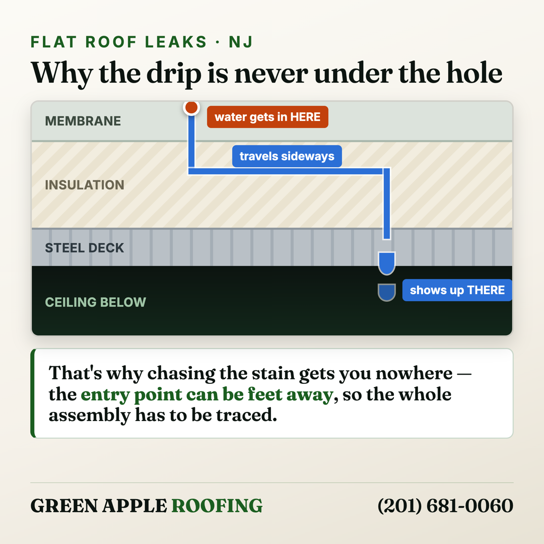 Cross-section of a flat roof assembly showing water entering through a puncture in the membrane, travelling sideways through the insulation layer, and dripping through the steel deck at a different point