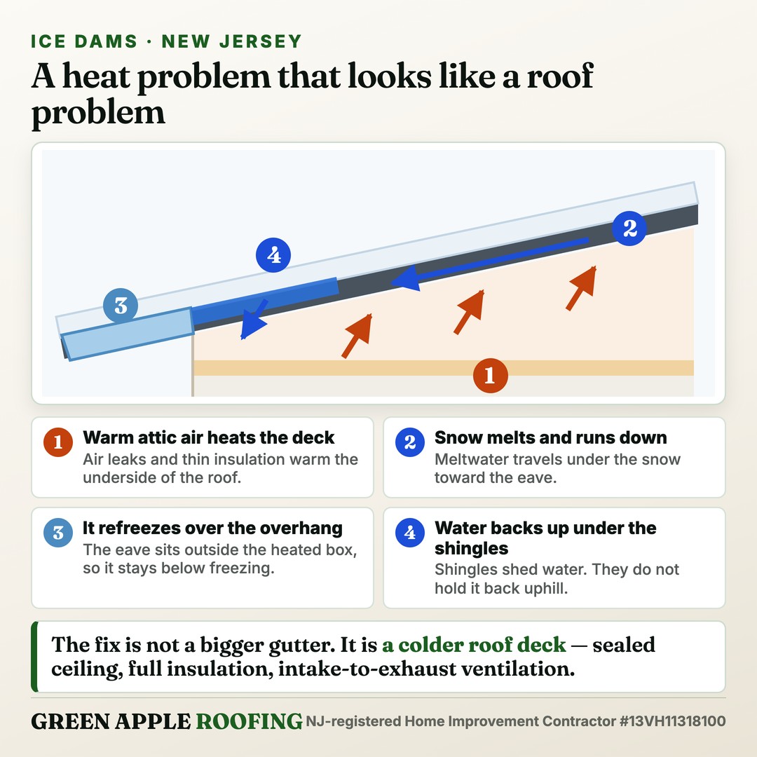 Diagram of how an ice dam forms — warm attic air heating the roof deck, snow melting and running down the slope, the water refreezing over the cold overhang, and the pooled water backing up under the shingles