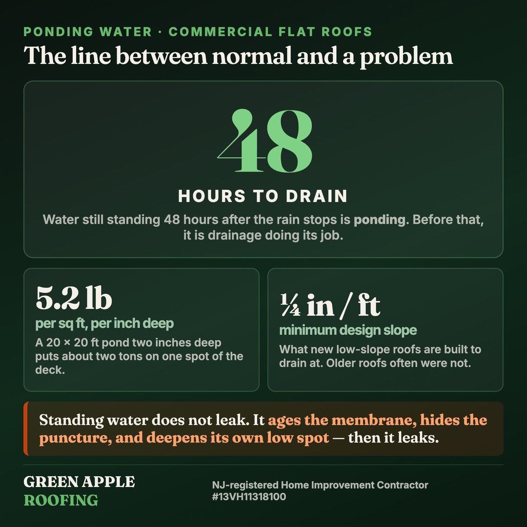 Card explaining the 48-hour ponding rule for flat roofs, with the weight of standing water at 5.2 pounds per square foot per inch of depth and the quarter-inch-per-foot minimum design slope