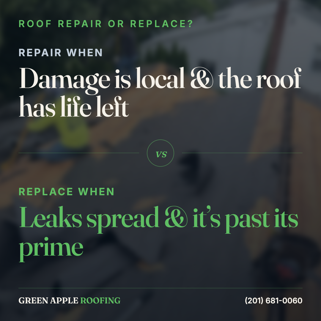 Infographic comparing when a roof repair makes sense versus when a full replacement is the smarter choice for a New Jersey home