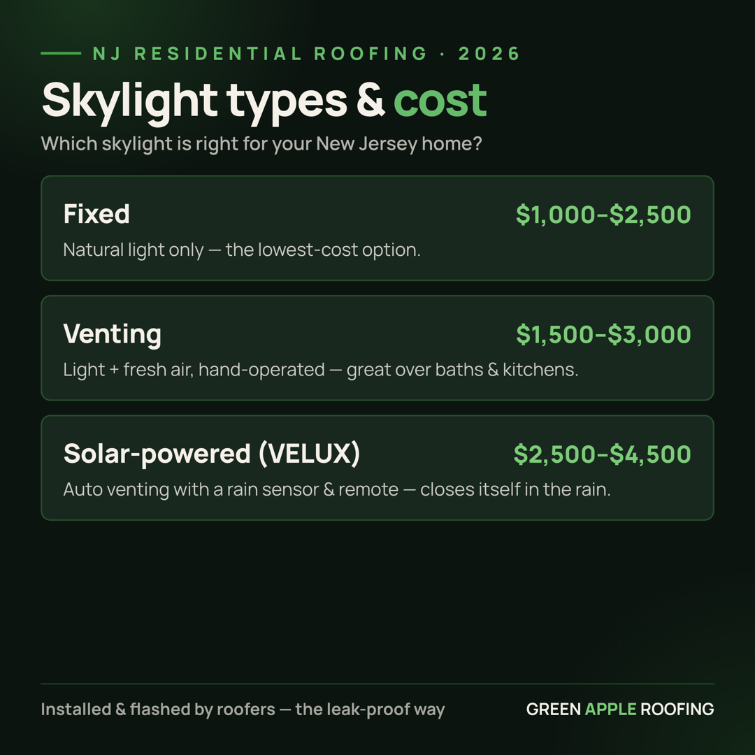 Infographic comparing fixed, venting, and solar-powered skylights for New Jersey homes — cost and what each is best for