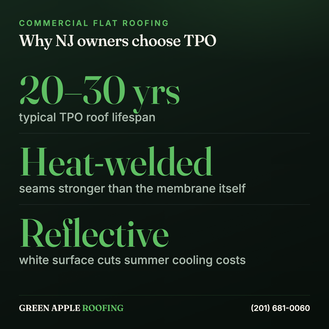 Infographic of why NJ building owners choose TPO roofing — 20 to 30 year lifespan, heat-welded seams, and a reflective energy-saving surface