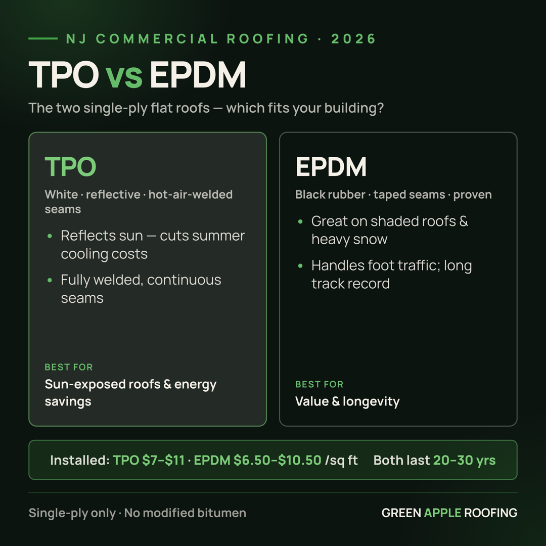Infographic comparing TPO and EPDM single-ply flat roofing for New Jersey buildings — surface, seams, cost, lifespan, and when to choose each
